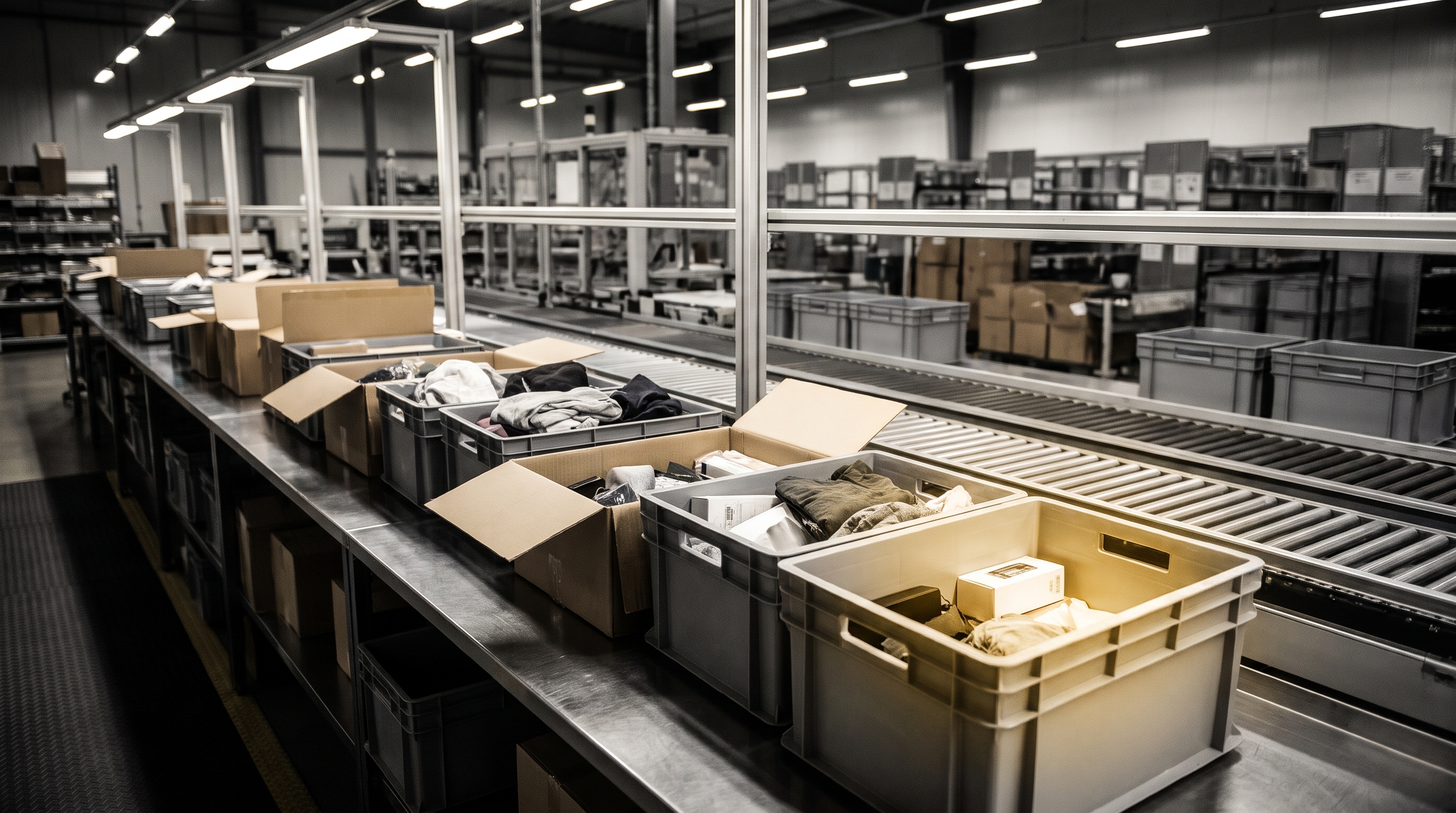 A returns bench in an e-commerce warehouse, with opened cartons and returned goods in grey totes under cool overhead light and a packing line fading into the background.
