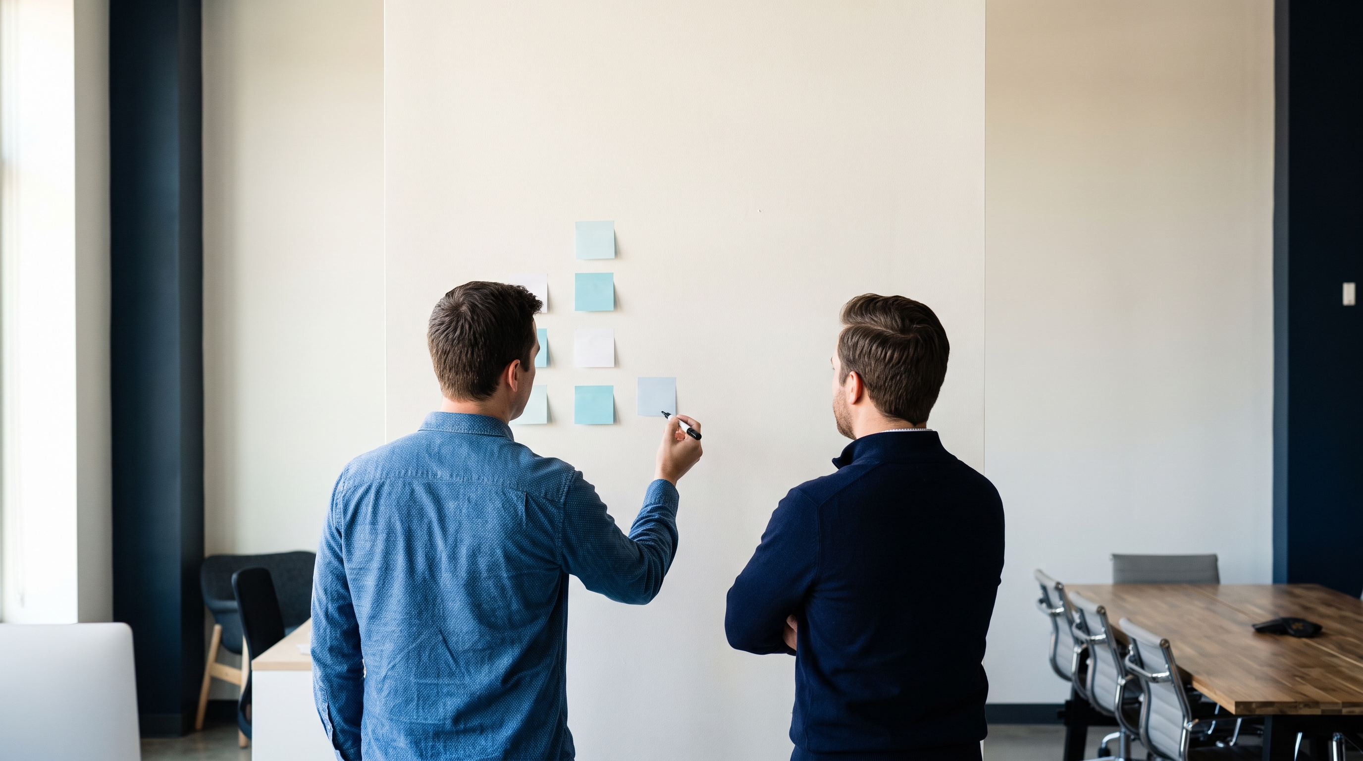 Two people seen from behind stand at a bare wall in a bright office room, one holding a marker toward a few sticky notes as the other listens.