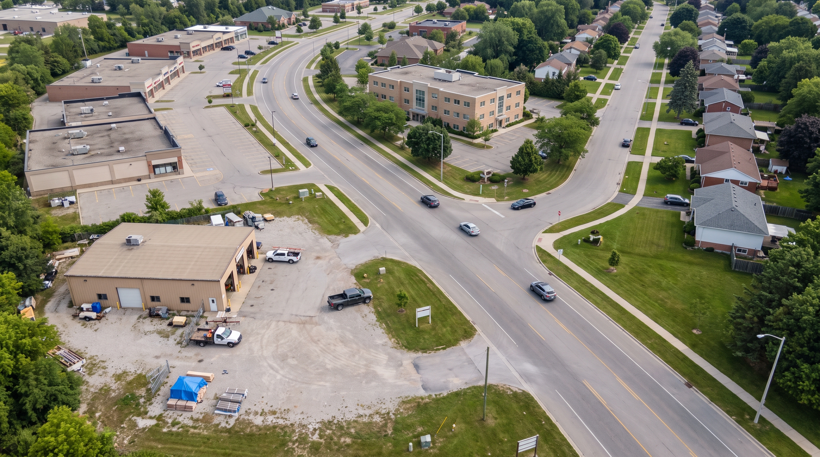 Aerial view of a suburban business district where a single main road links a company building, a shopping strip, an office block and nearby homes.