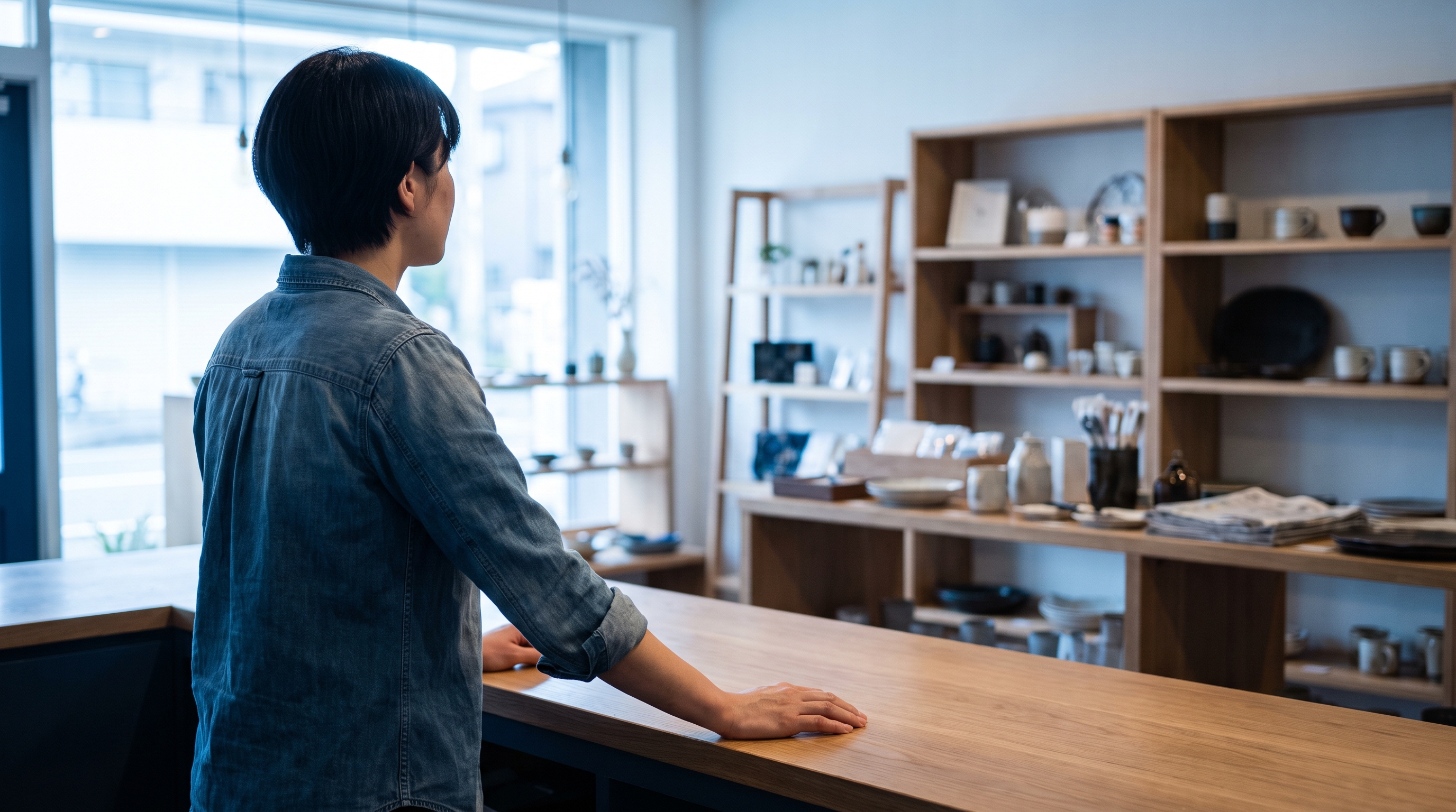 A shop owner seen from behind and to the side, standing at the wooden counter of their small shop in soft morning light, looking out over the empty shop floor.
