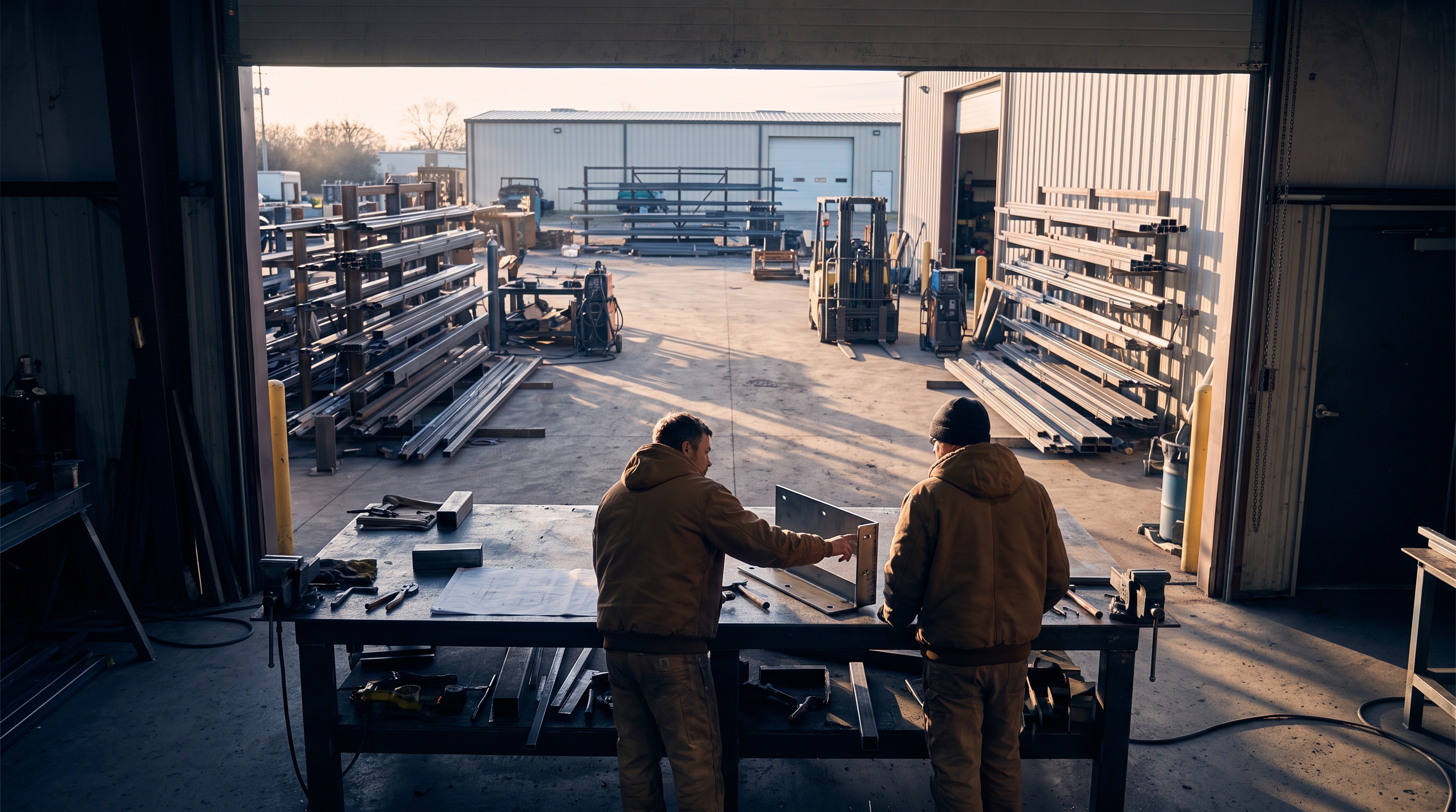 Two workers in canvas jackets, seen from the back, talk over a half-assembled metal part at a steel workbench inside a fabrication shop, with stacked raw stock and a forklift in the distance.