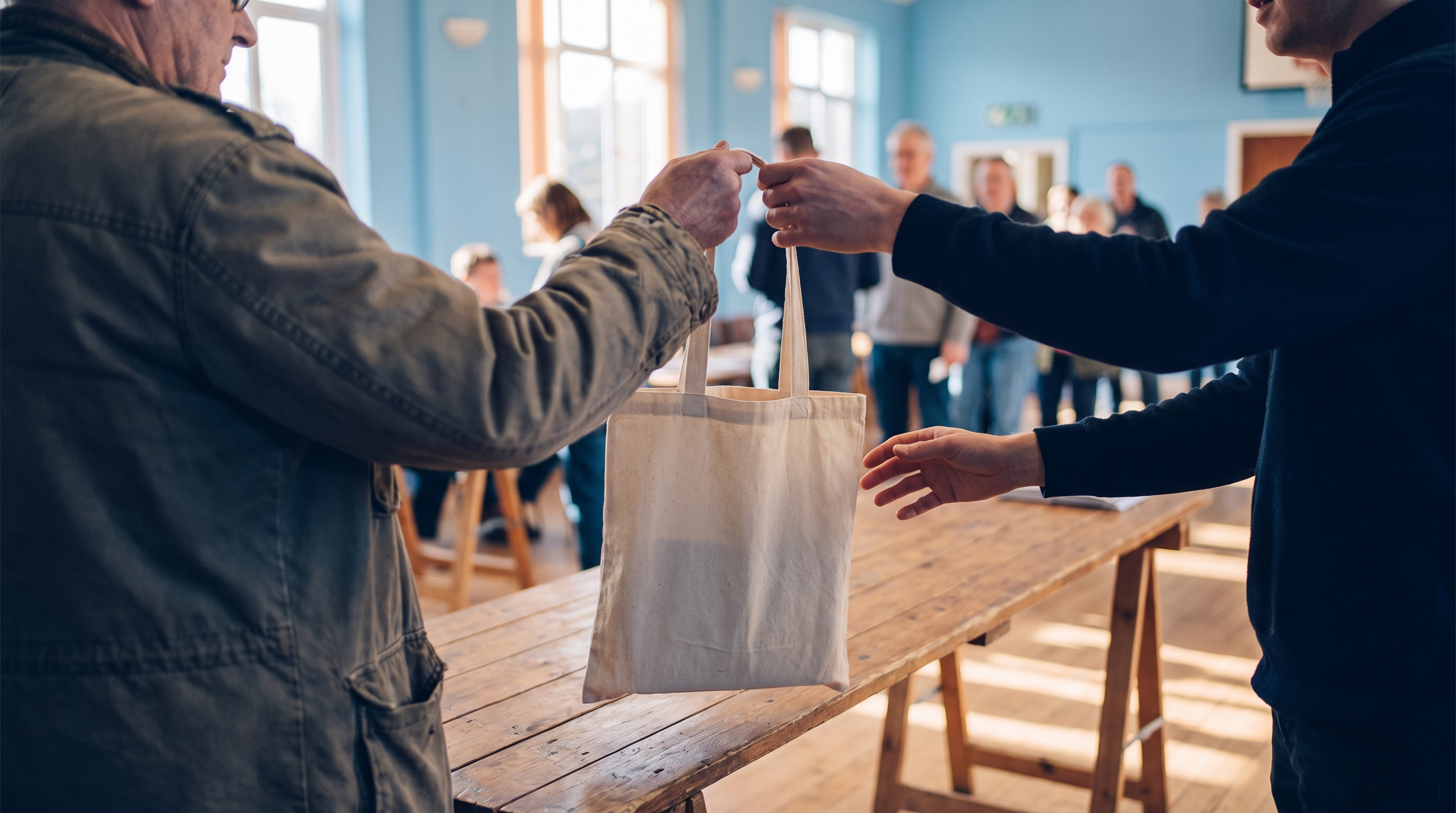 Over the shoulder of a visitor, a host's hands pass a canvas tote bag across a trestle table while other visitors queue as soft silhouettes in a bright community hall.