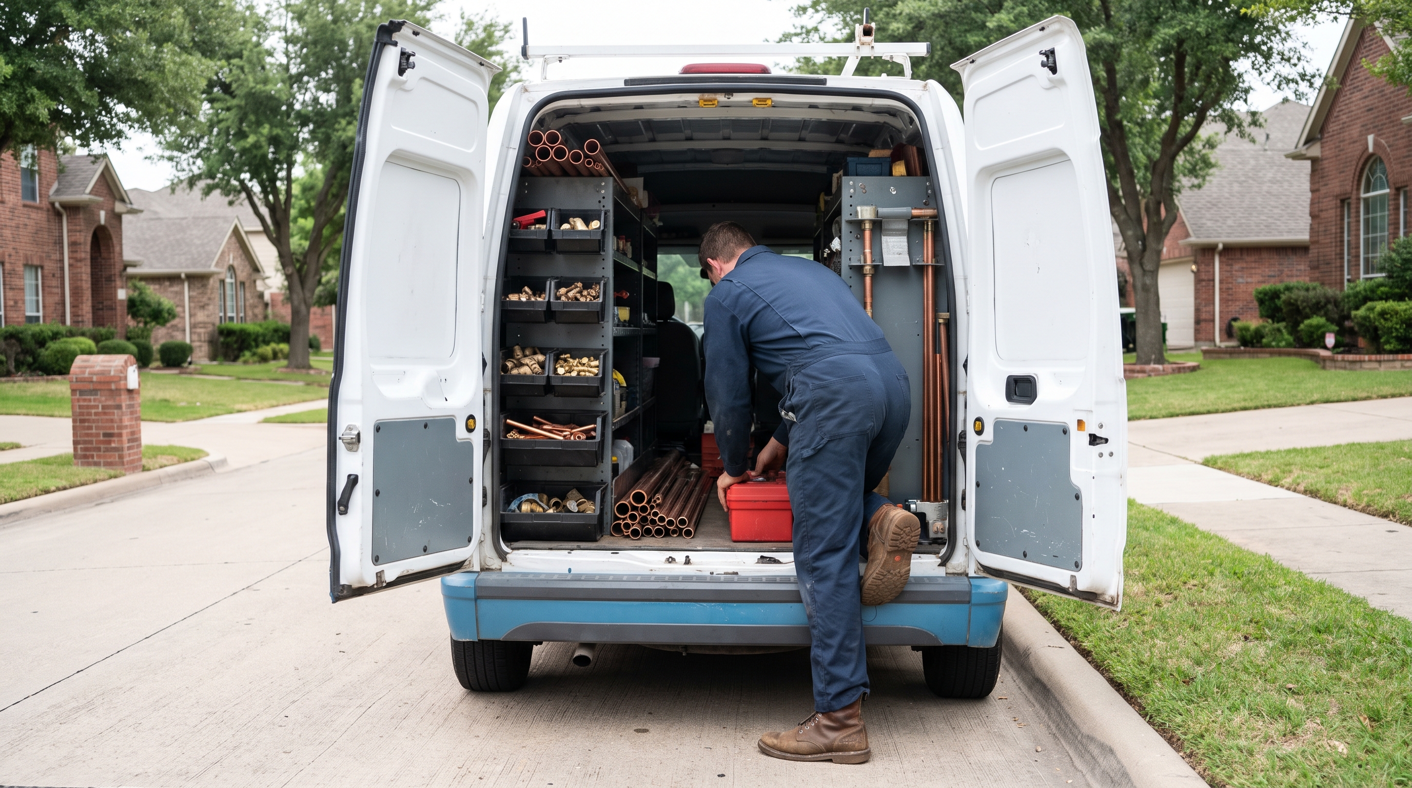 A plumber's van with its rear doors open, showing organised tools and pipe fittings, while a tradesperson seen from behind loads a toolbox on a quiet suburban street in morning light.