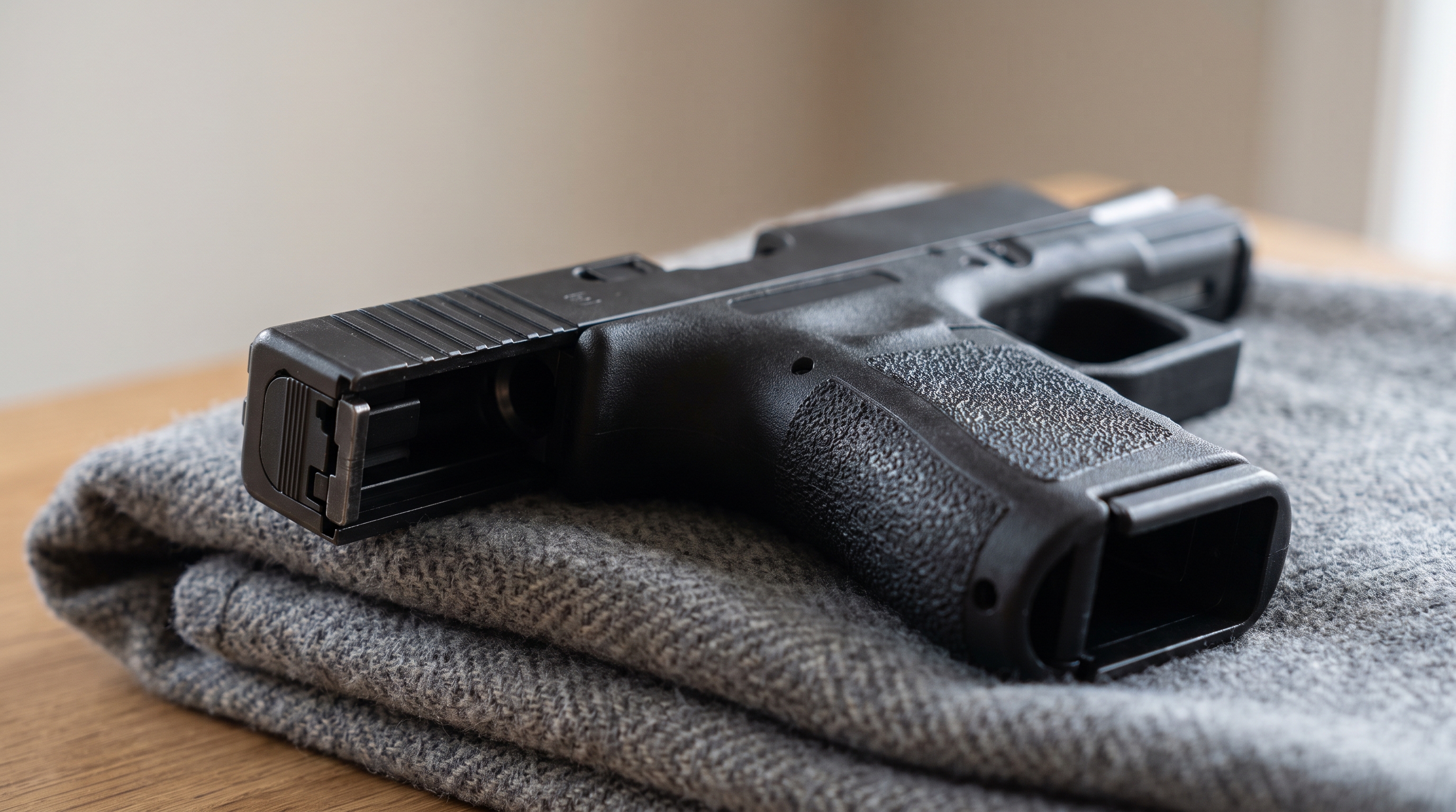 Extreme close-up of the textured grip and rear slide of an unloaded compact pistol resting on a folded grey wool blanket, its surface pattern sharp against a softly blurred plain background.