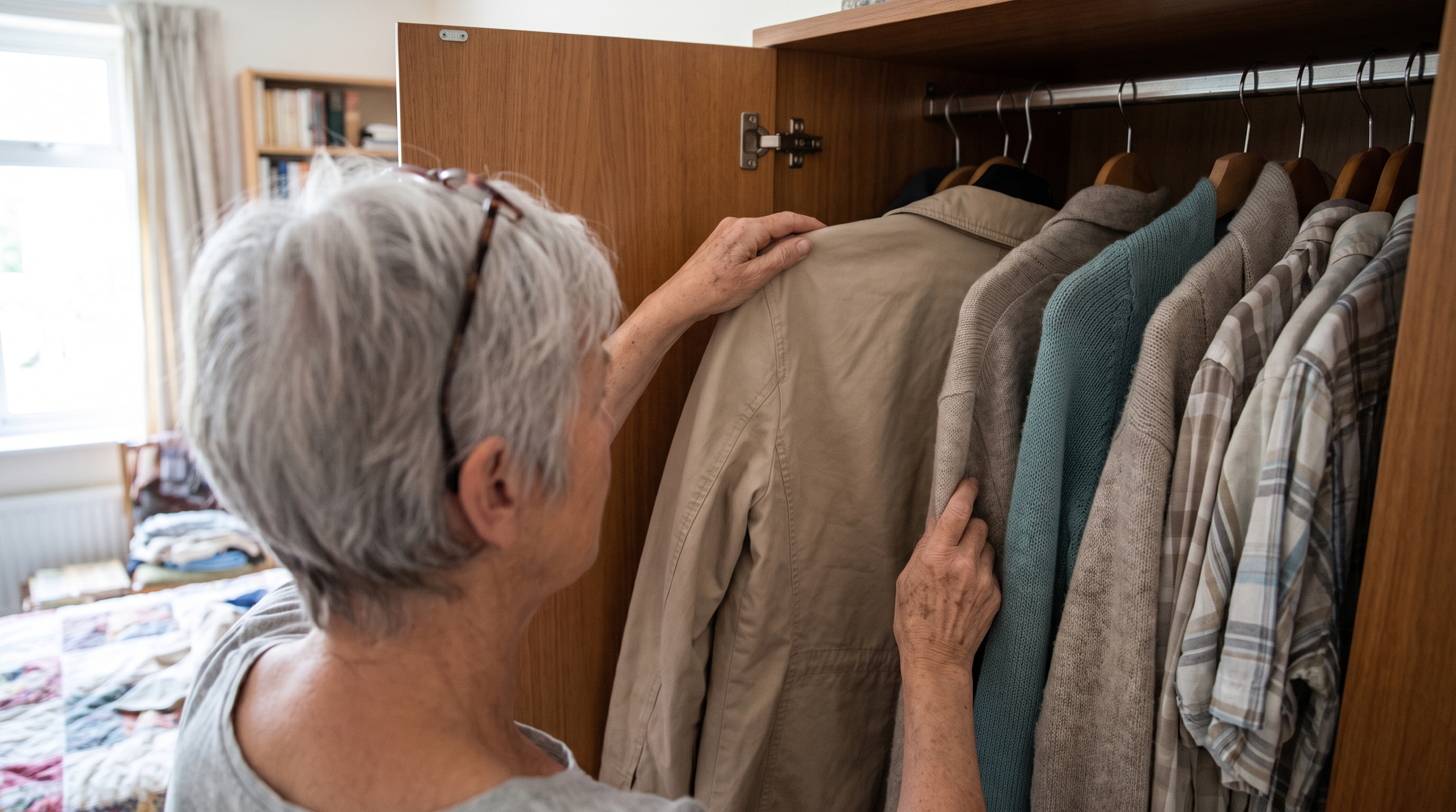 A silver-haired older woman, seen from behind, slides a plain cotton jacket along the rail of her bedroom wardrobe in soft daylight as she chooses what to wear.
